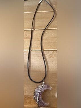 Amethyst Crescent Moon Pendant Necklace - Purple Crystal Cord Necklace